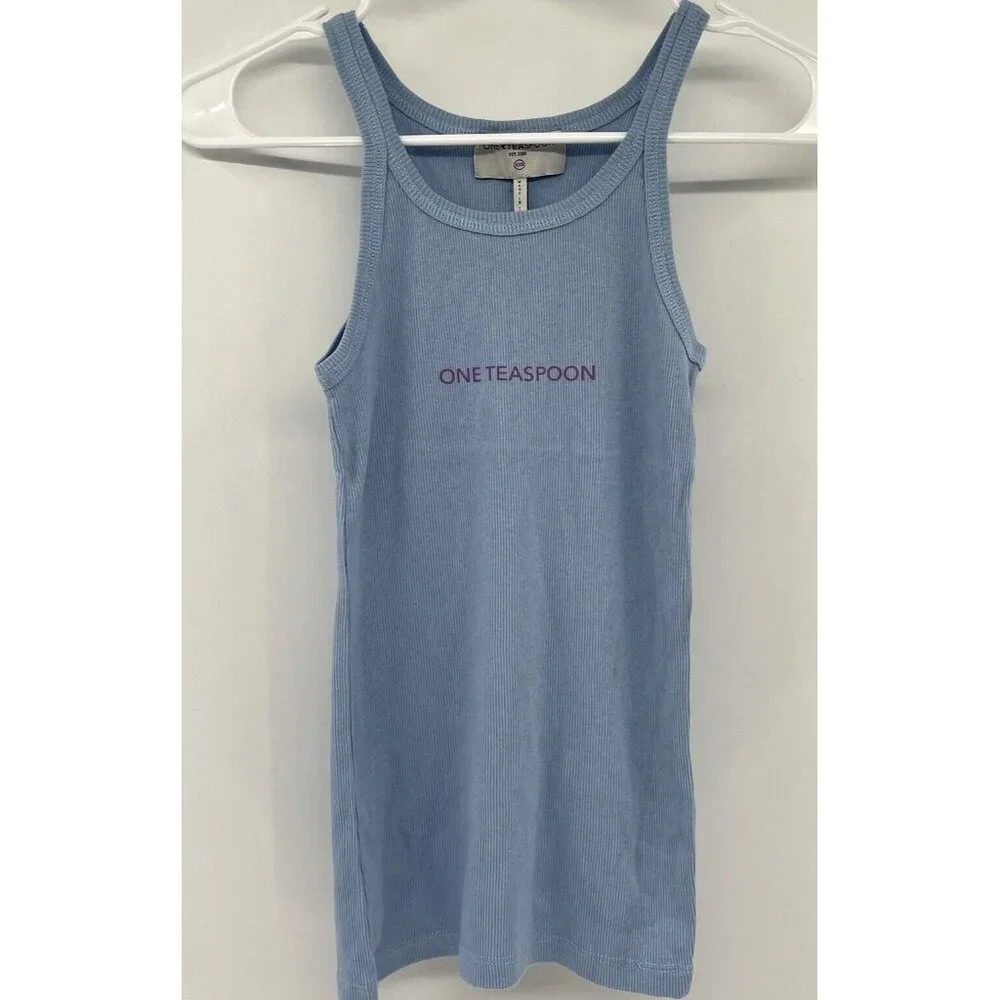 One Teaspoon Womens Blue Skyway Logo Singlet Ribbed Tank Top Cotton Size Xxs Nwt — image 3 of 8